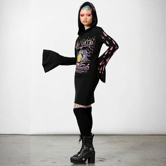 Killstar Crystal Gazer Hooded Dress ✦ M Black Psychic Graphic ✦ Bell Sleeves NWT - Picture 3 of 7